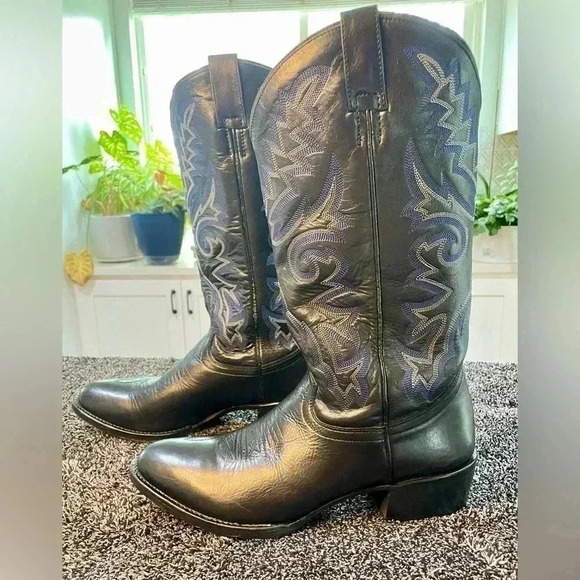 Vintage P’s by Ferrini Men’s Cowboy Boots Smooth Ostrich Black Leather SZ 9 D - Picture 1 of 10